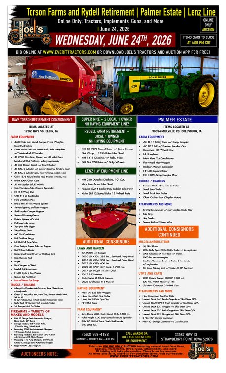 Image for Torson Farms and Rydell Retirement | Palmer Estate | Lenz Line | Online Only: Tractors, Implements, Guns, and More | June 24, 2026