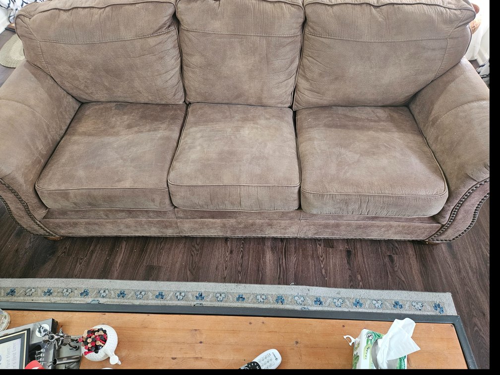 Brown Microfiber Rolled Arm Sofa With Nailhead Trim