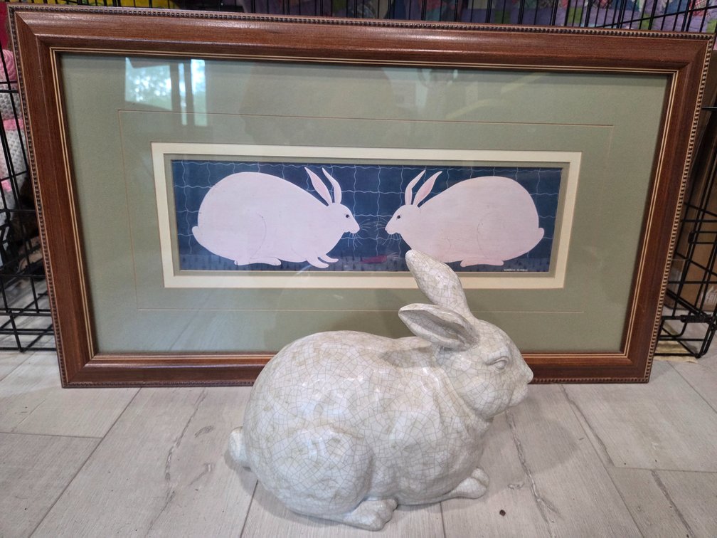 Warren Kimble Framed Rabbit Print And Ceramic Figurine