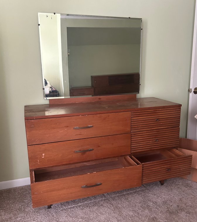 Mid-Century Modern Slat-Front Dresser With Mirror