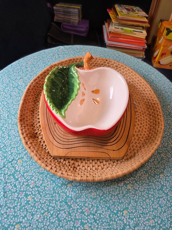 Bonnie & Pop Bamboo Basket, Ceramic Apple Bowl And Woven Tray