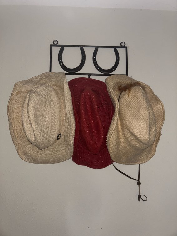 Woven Cowboy Hats And Metal Horseshoe Wall Rack