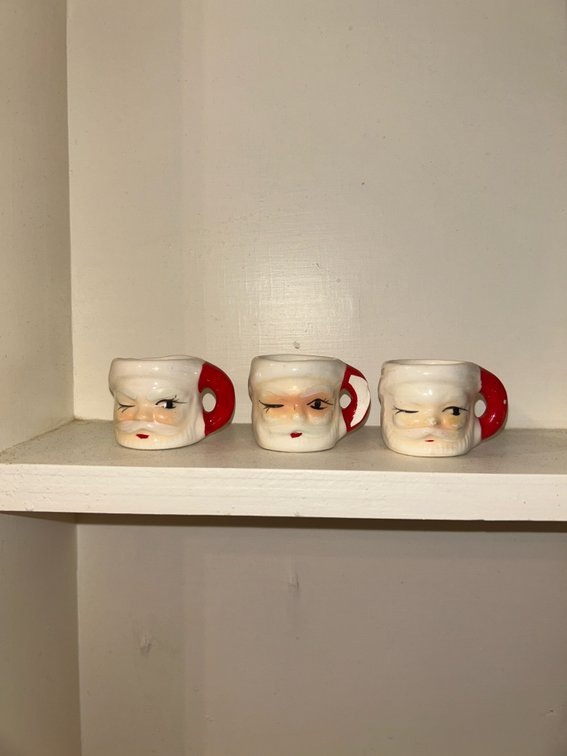 Vintage Santa Tin Container And Miniature Ceramic Mugs
