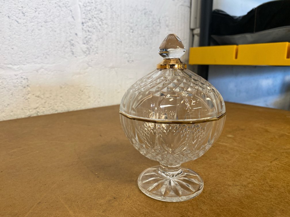Clear Lead Crystal Gold Accented Footed Candy Dish
