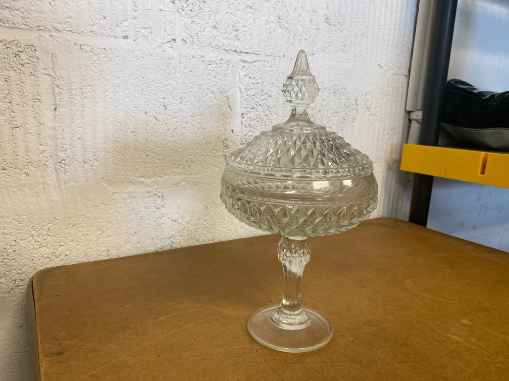 Clear Diamond Point Pedestal Candy Dish w/Lid