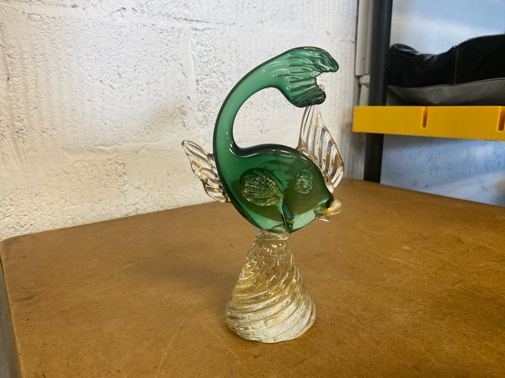 MCM Green & Clear Art Glass Fish Figurine