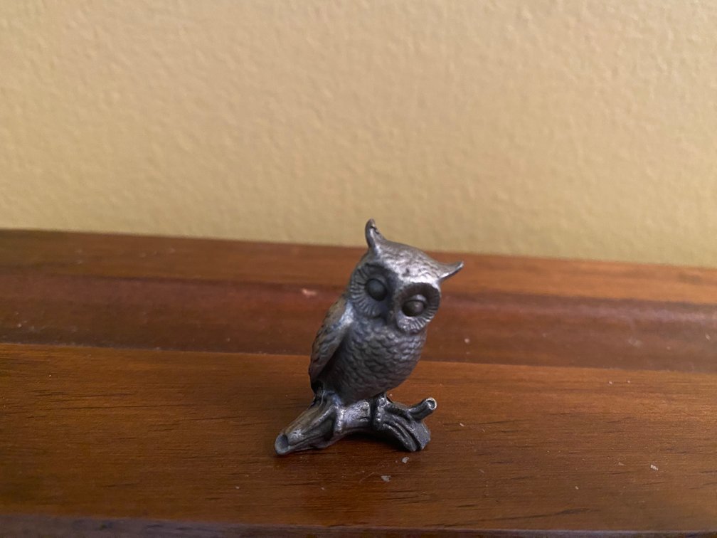 Miniature Pewter Owl on Limb Figurine