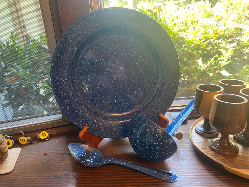 Blue Speckled Enamel Plate, Spoon & Ladle