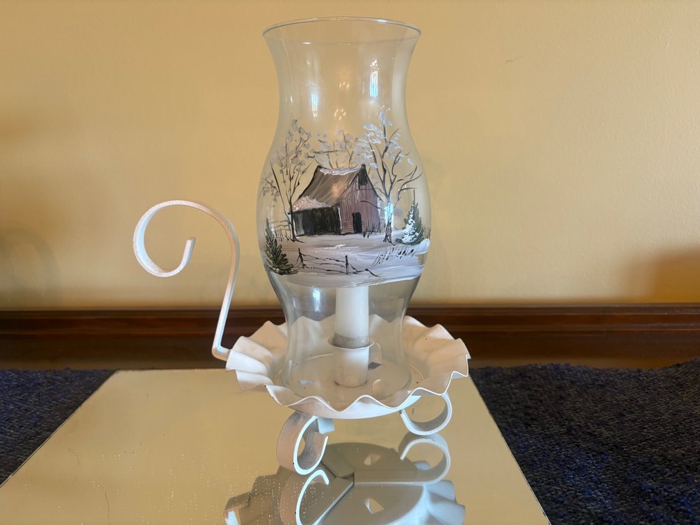 White Metal Candle Holder w/Hurricane Glass Shade