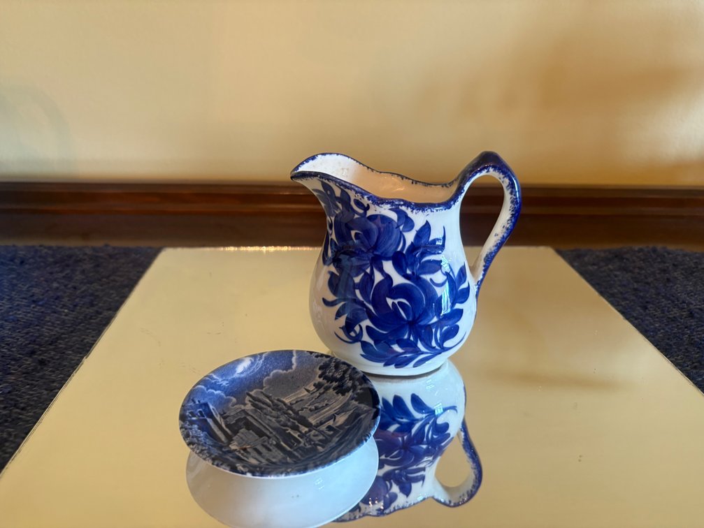 Blue & White Creamer and Small Landscape Dish