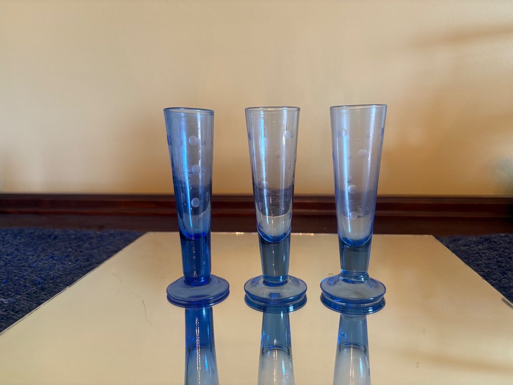 Blue Etched Polka Dots Cordial Flutes