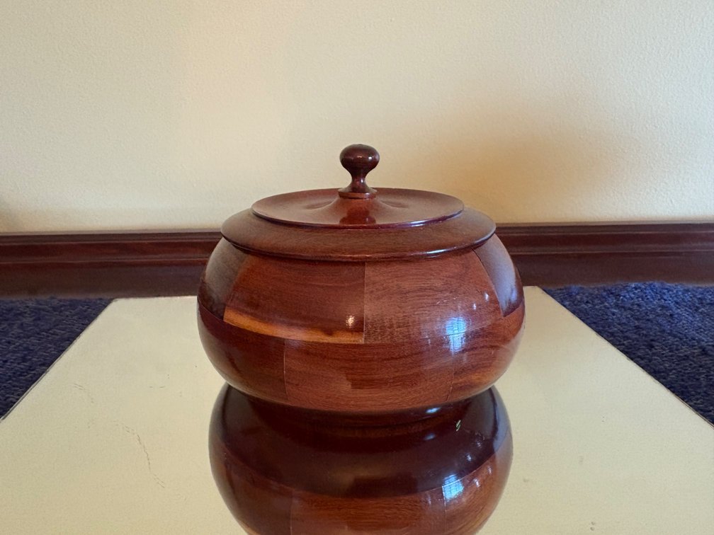 Lathe-Turned Segmented Wooden Bowl w/Lid