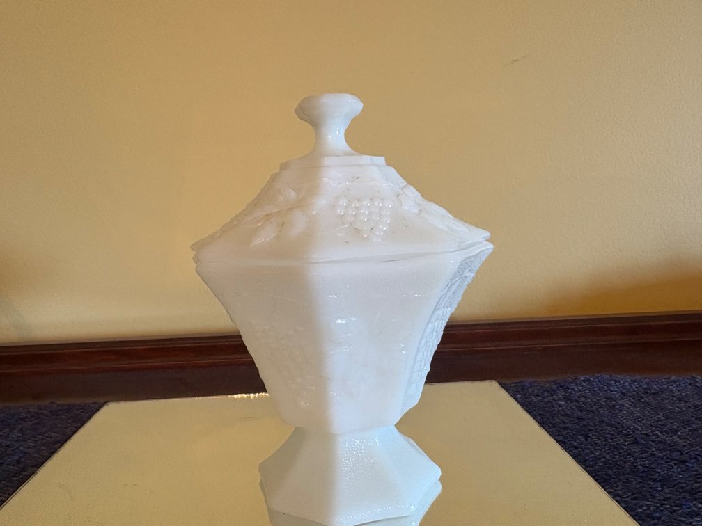 White Milk Glass Octagonal Pedestal Candy Dish w/Lid