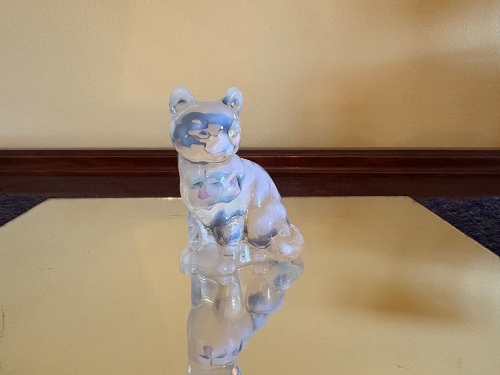 Fenton Hand-Painted Opalescent Glass Cat Figurine