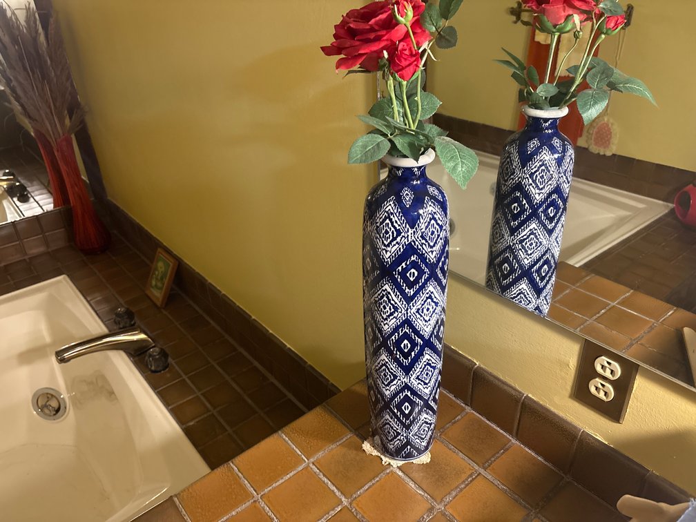 Tall Blue & White Vase w/Faux Roses
