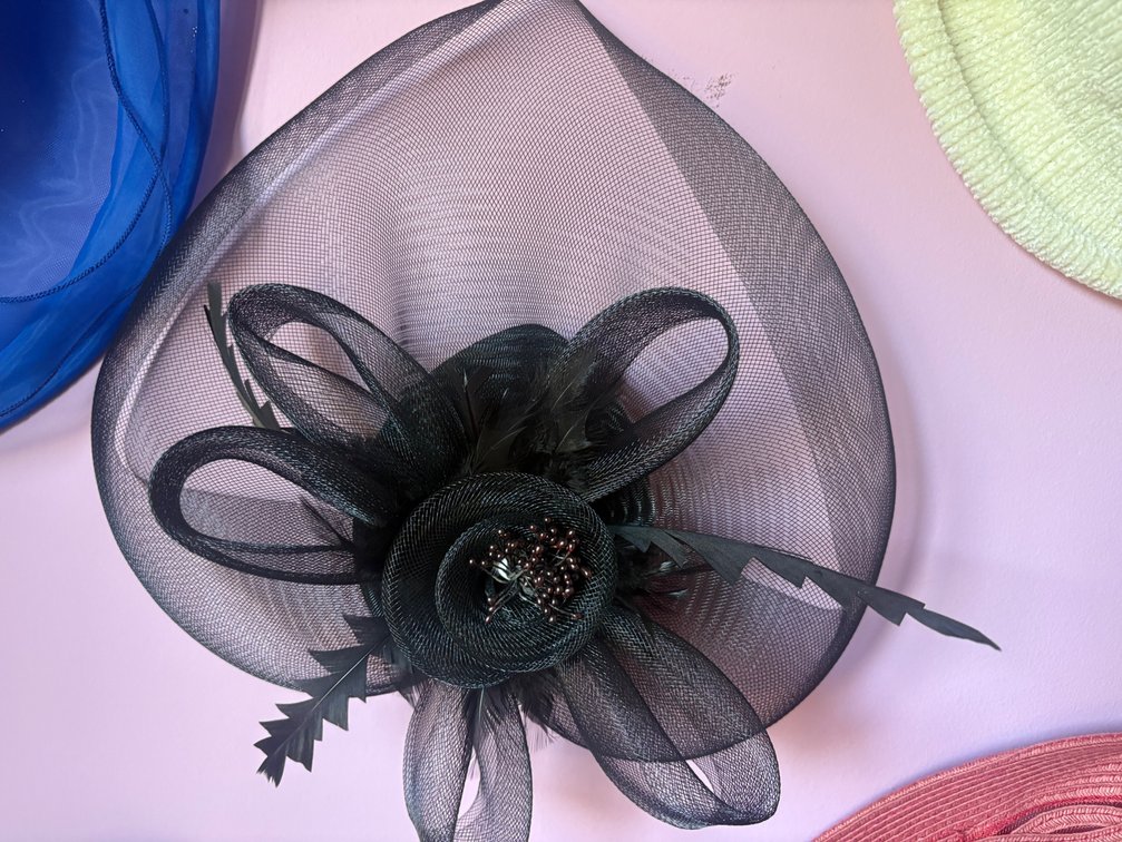 Black Mesh & Feather Fascinator w/Ribbon Rosette & Loops