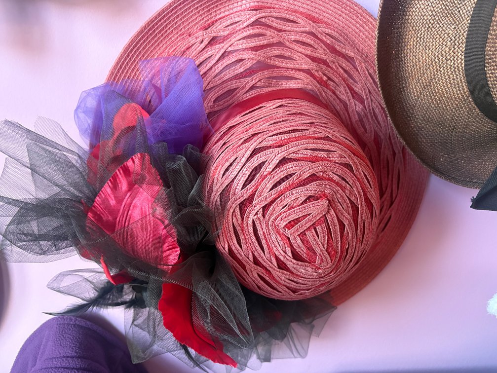 Red Woven Wide-Brim Hat w/Red & Purple Tulle Accents