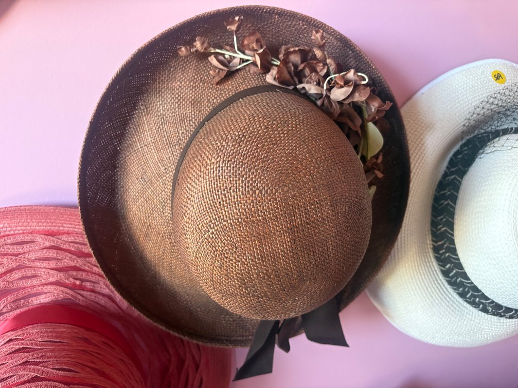 Brown Wide-Brim Hat w/Brown Floral & Ribbon Accents