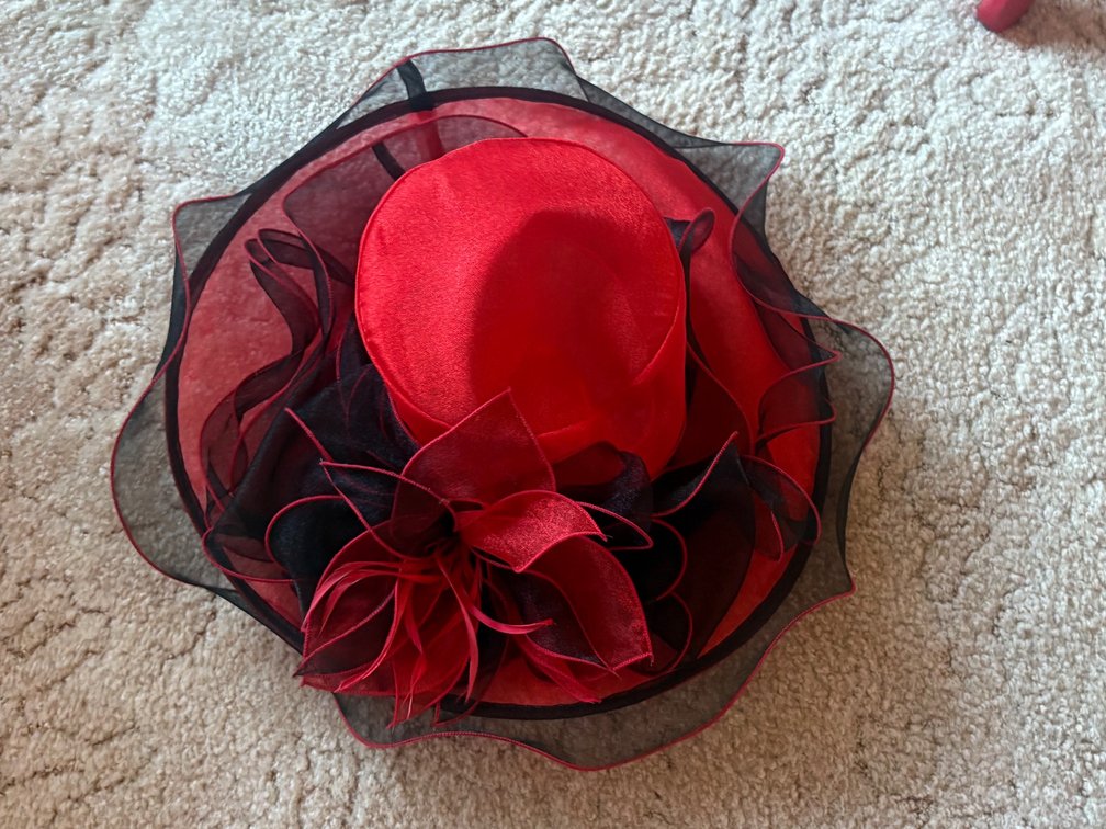 Red & Black Wide-Brim Hat w/Red & Black Organza Accents