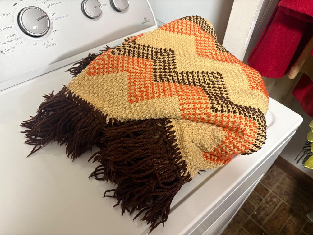 Zig-Zag Crocheted Afghan (Cream, Orange, Brown)