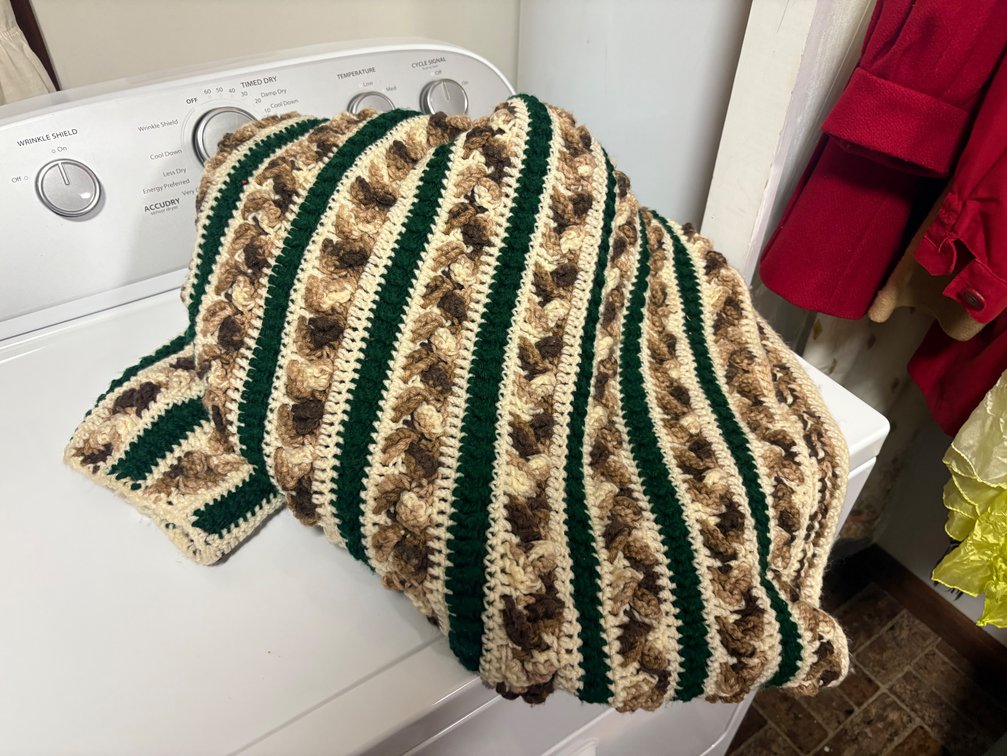 Striped Crocheted Afghan (Green, Cream, Beige, Brown)