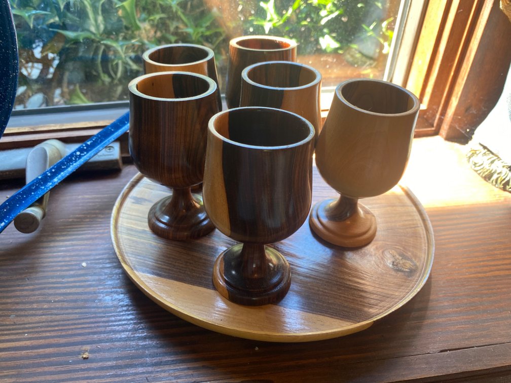 Lathe-Turned Wooden Goblets & Tray