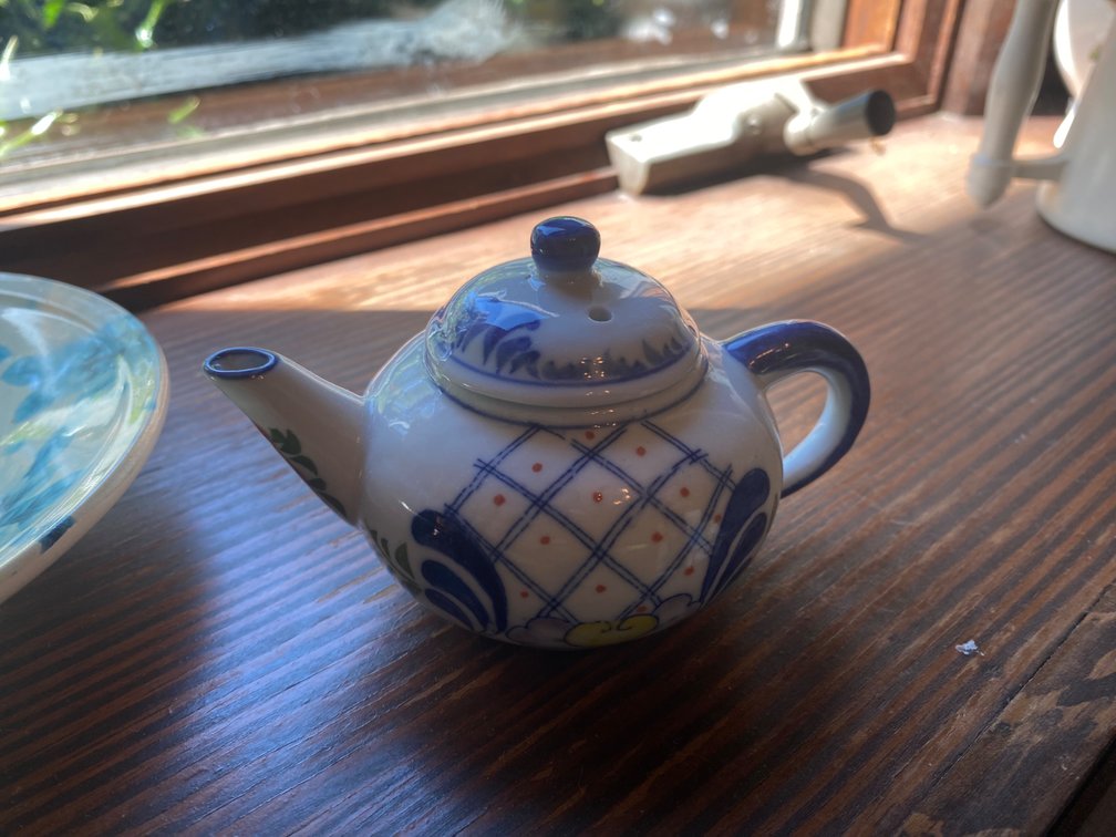 1980s Miniature Blue/White/Pink Dots Teapot