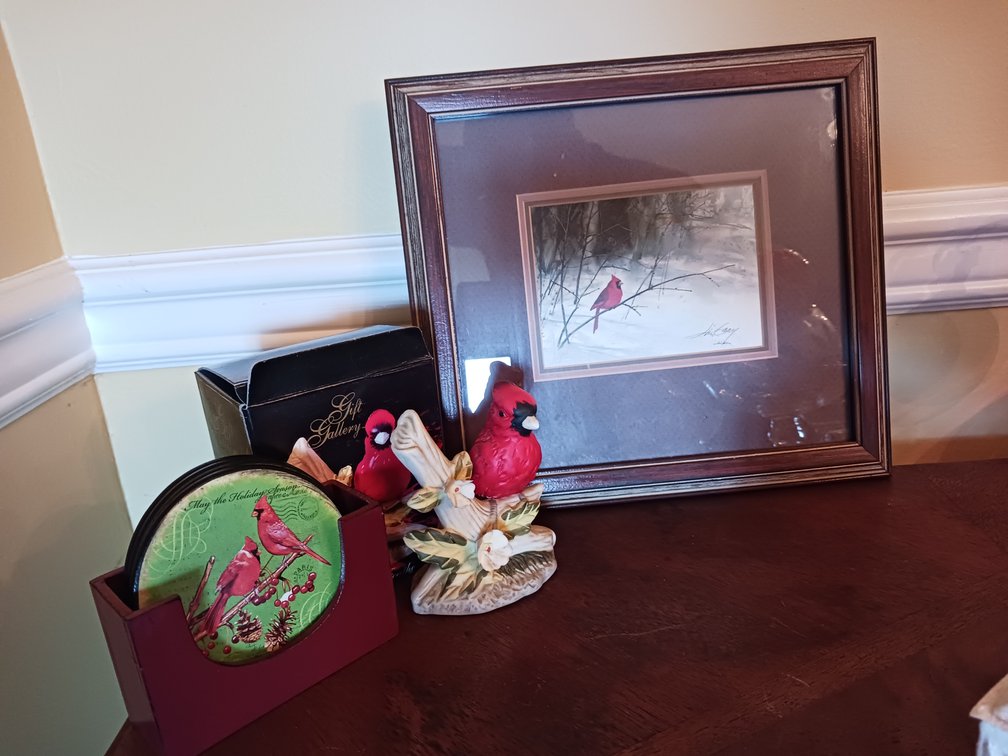 "Winter Cardinal" Framed Print, Cardinal Coasters & Figurine