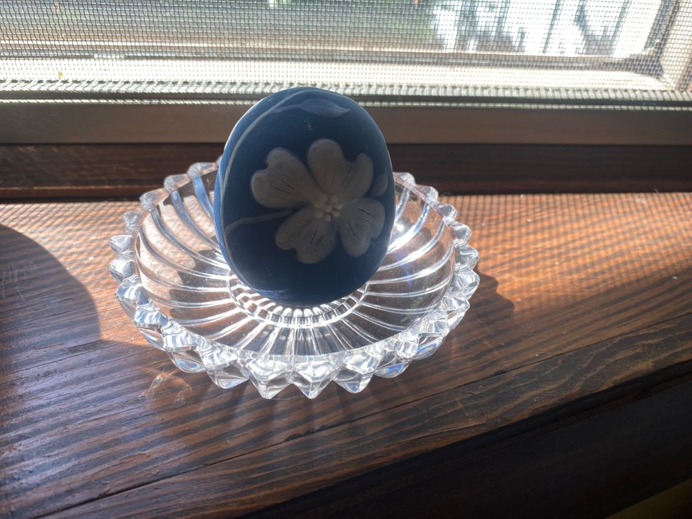 Fluted Clear Glass Dish w/Dogwood Blossom Egg Decor