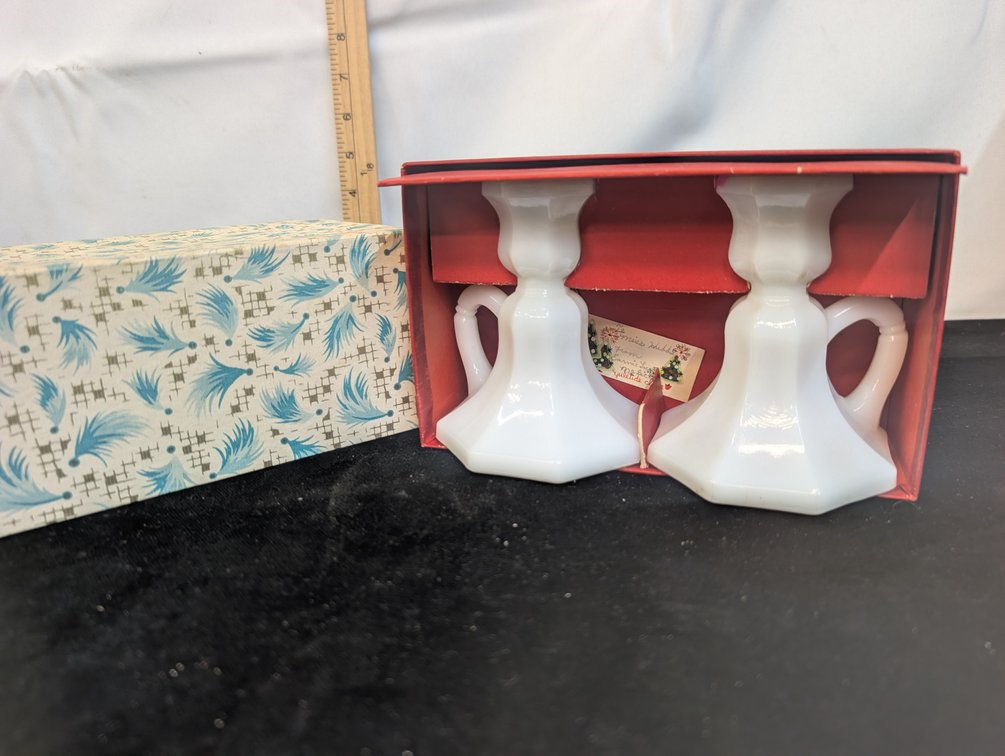 Vintage Milk Glass Candle Holders in Original Box w/Gift Tag