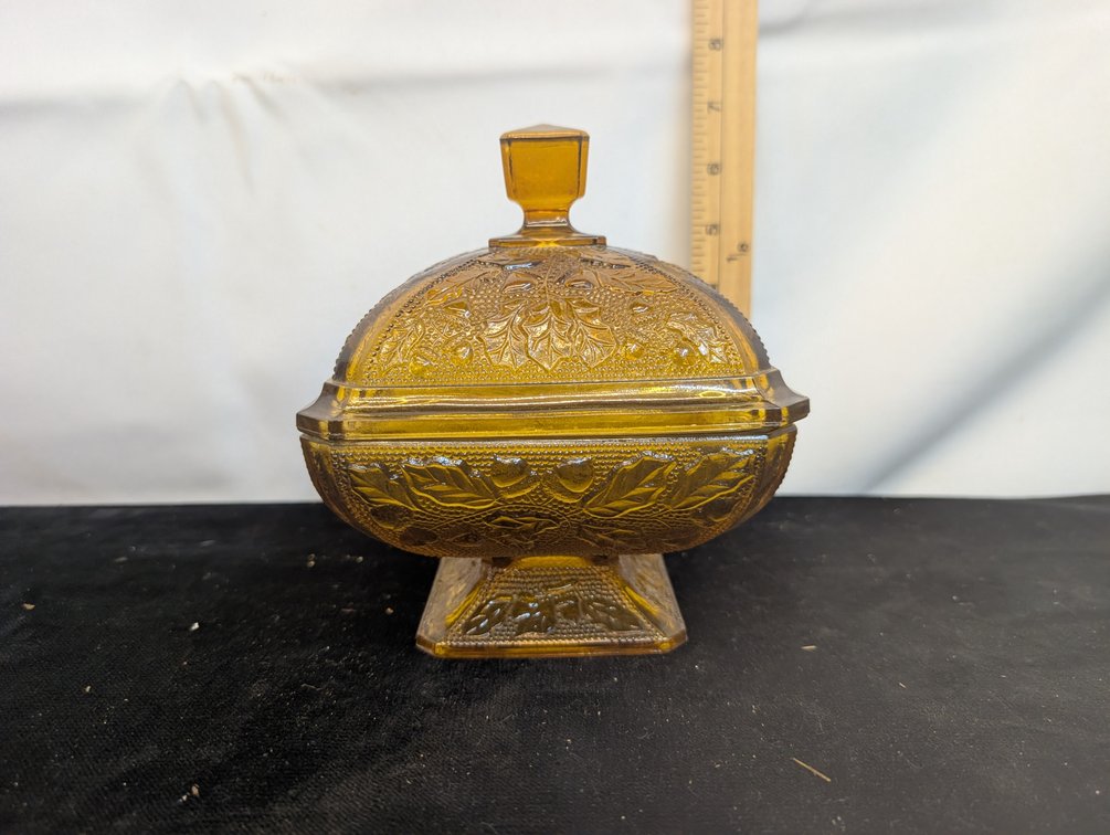 Vintage Amberina Carnival Glass Acorn Oak Pattern Candy Dish