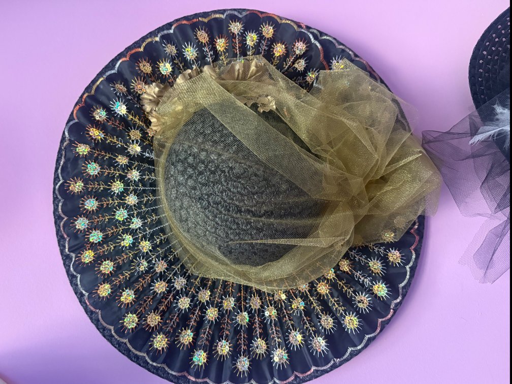 Wide-Brim Iridescent Floral Hat w/Gold Tulle