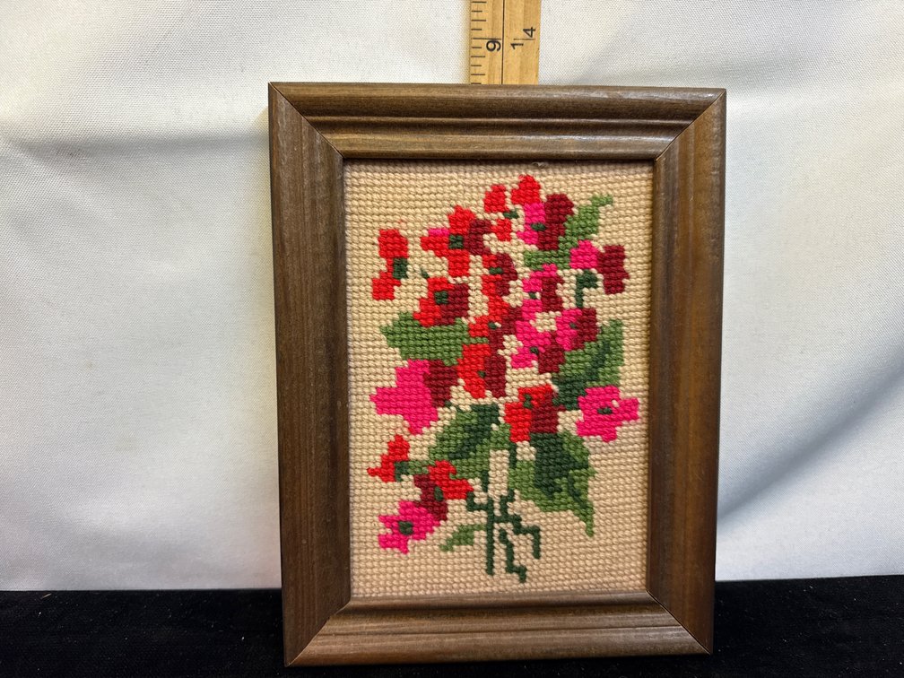 Floral Framed Cross-Stitched Piece