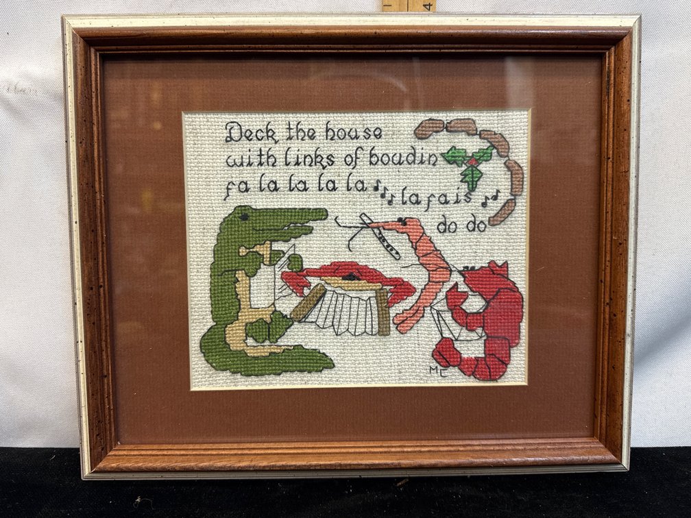 Cajun Deck the Halls Framed Cross-Stitched Piece