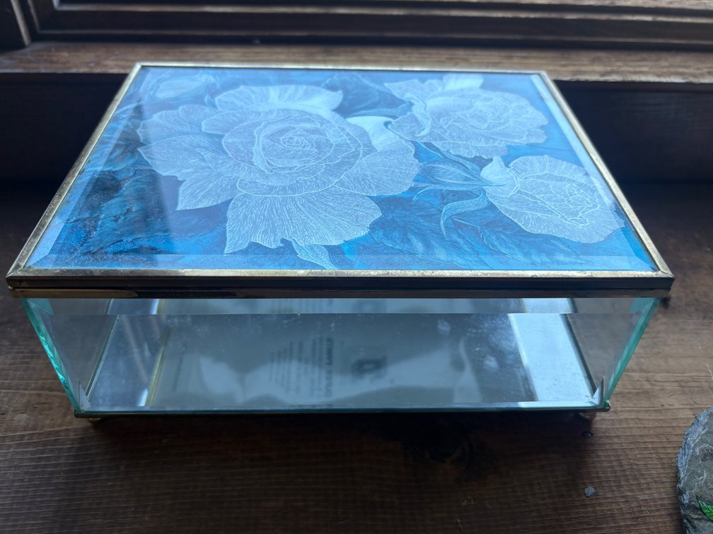 Blue-Tinted Etched Floral Glass Trinket Box