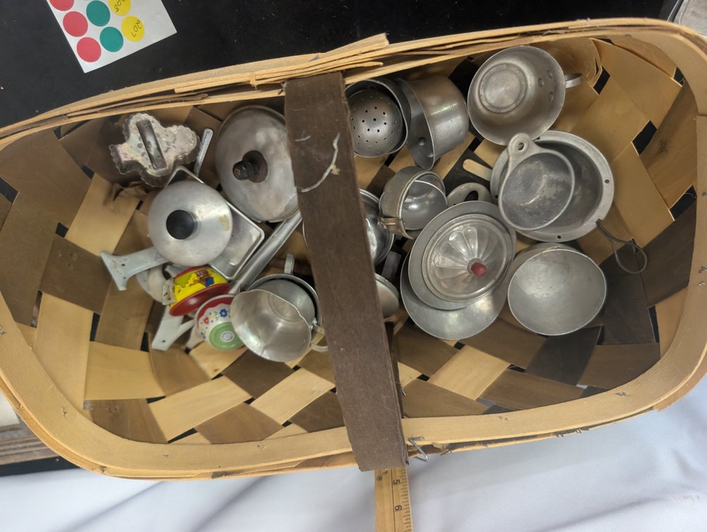 Large Lot of Kids Play Things Cookware In Basket