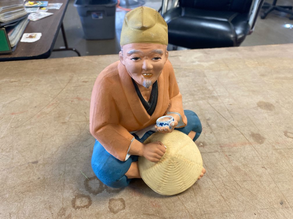1950s Japanese Man w/Teacup & Straw Hat Figurine