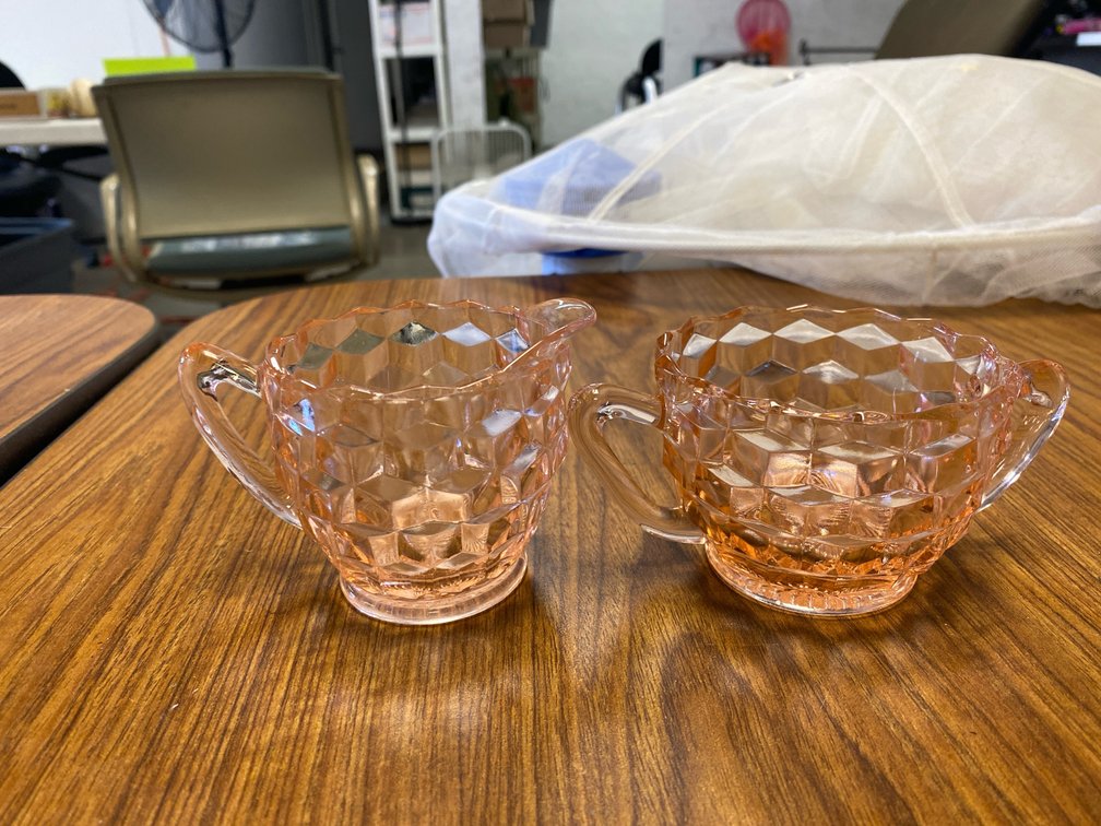 Pink Depression Glass Cube Pattern Sugar & Creamer Set