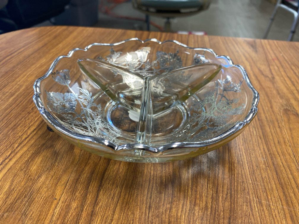 Clear Glass Divided Relish Dish w/Silver Floral Overlay