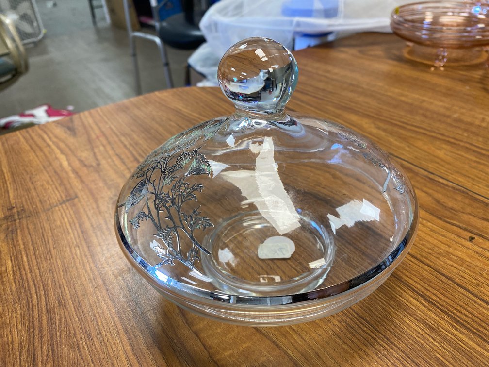 Clear Glass Lidded Candy Dish w/Silver Floral Overlay