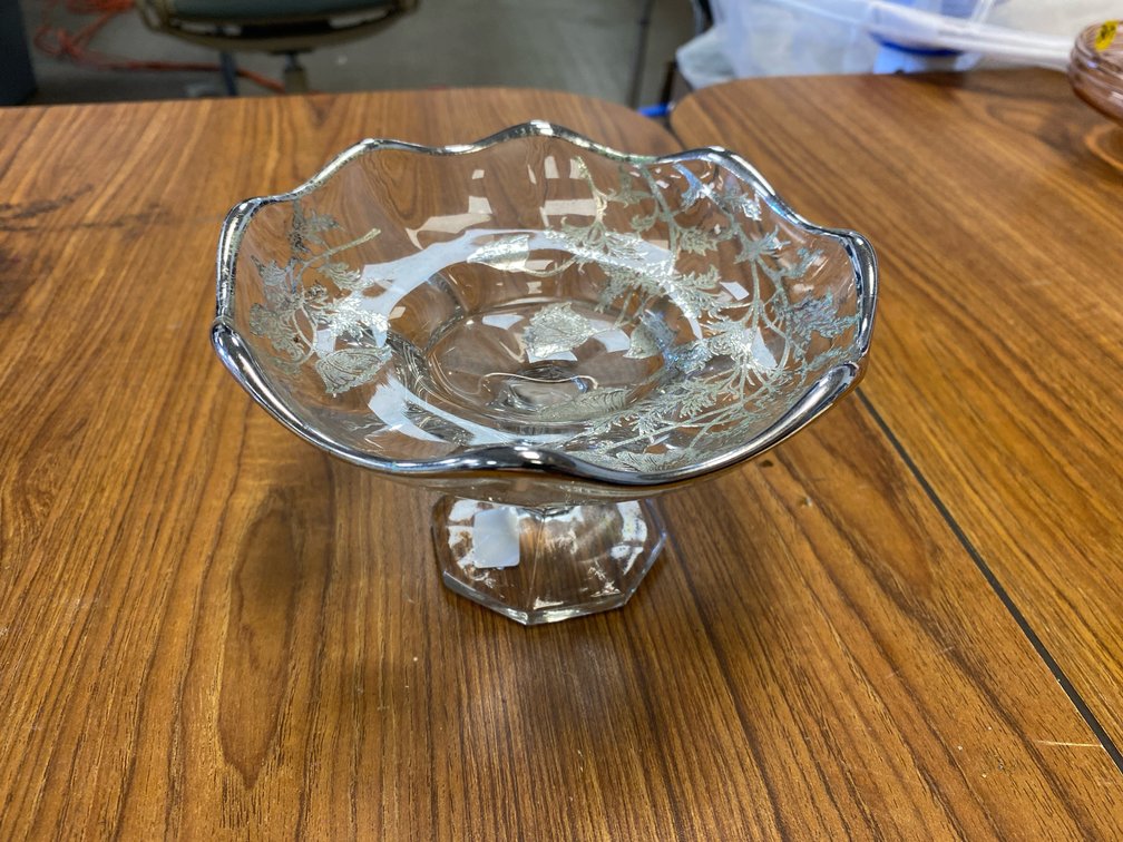 Clear Glass Pedestal Compote Dish w/Silver Floral Overlay