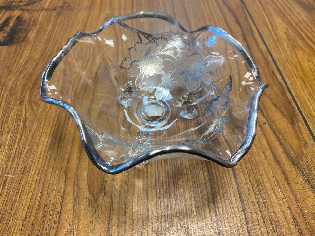 Clear Glass Footed Candy Dish w/Silver Floral Overlay