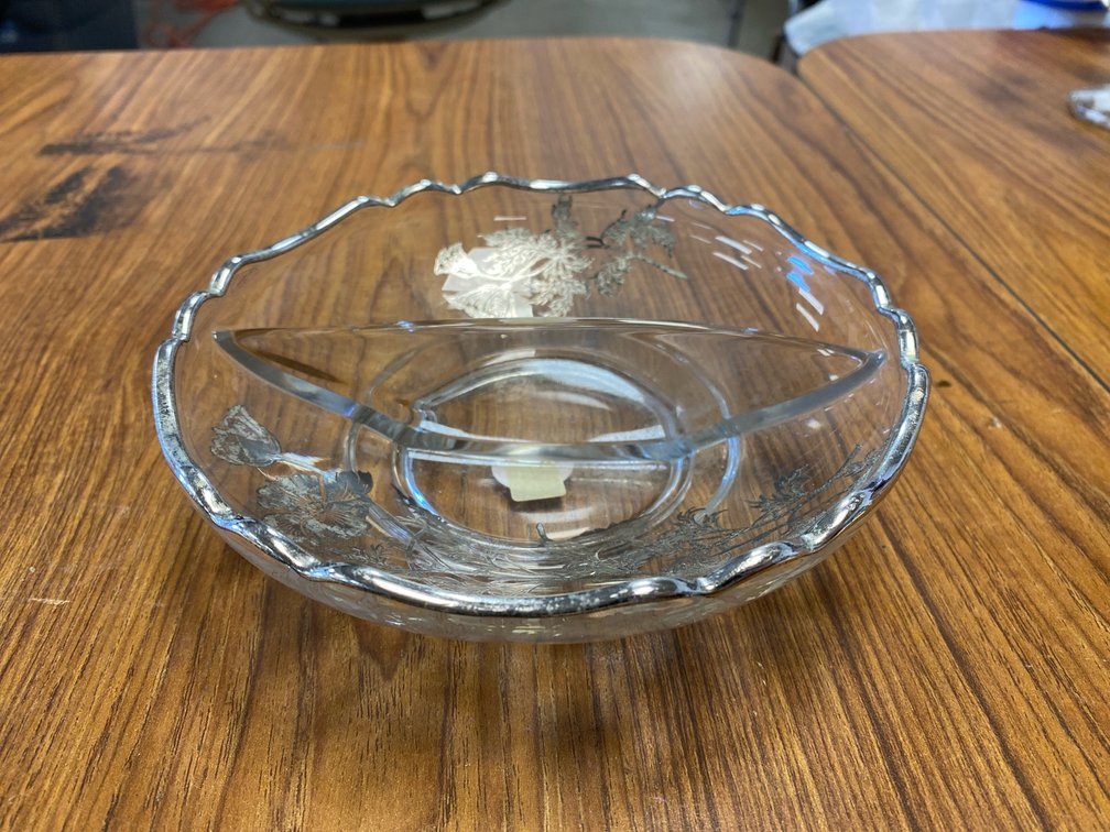 Clear Glass Divided Dish w/Silver Floral Overlay