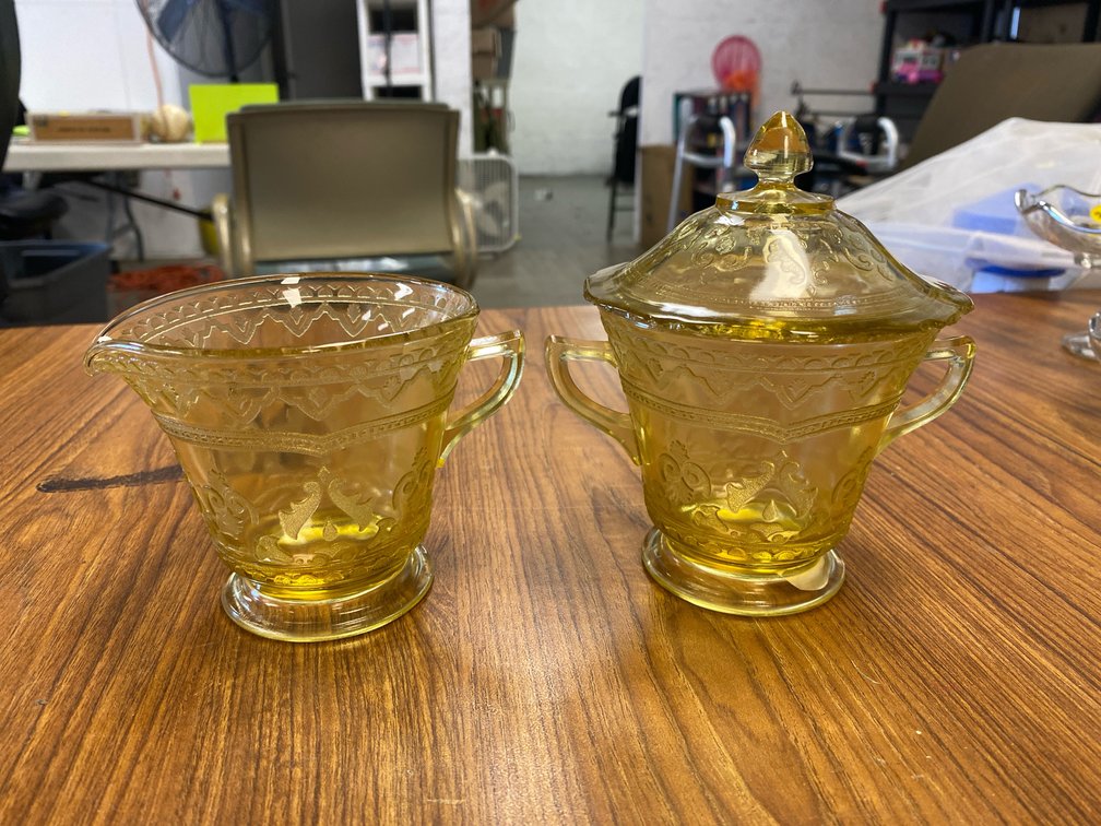 Amber Yellow Depression Glass Spoke Sugar & Creamer Set