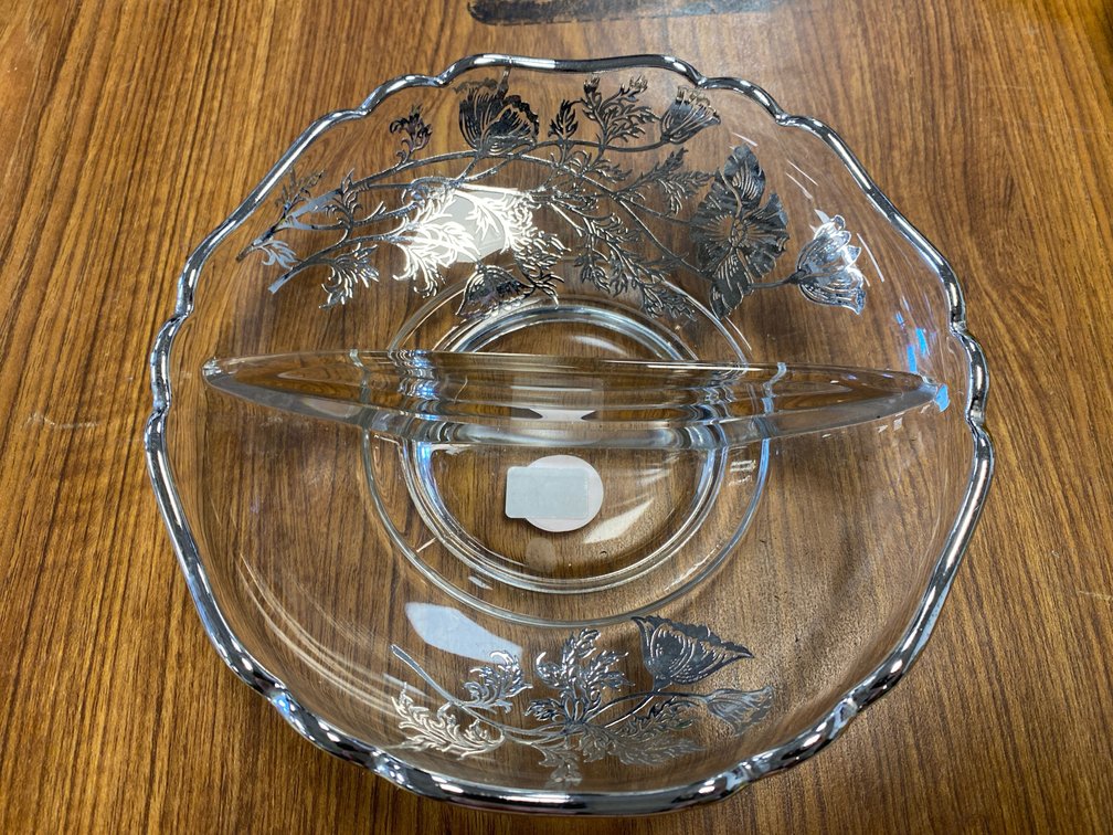 Clear Glass Divided Dish w/Silver Floral Overlay