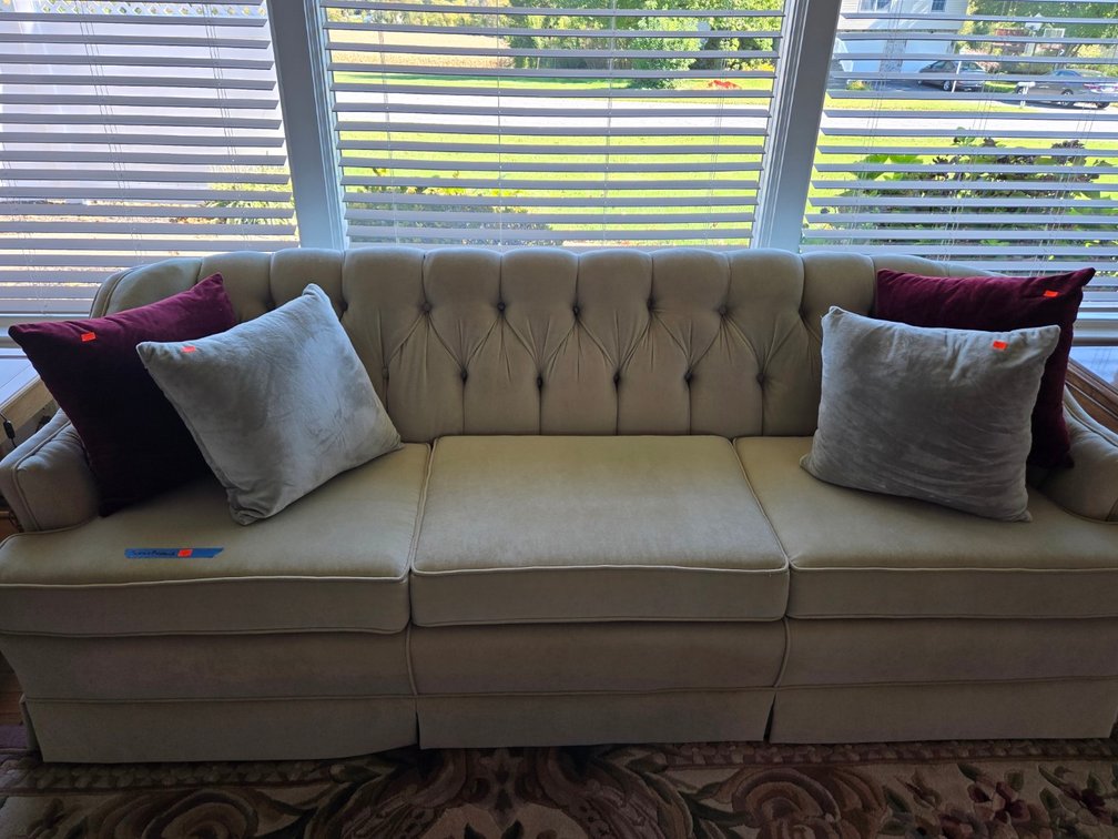 Off-White Velvet Sofa w/Quilted Back-LR