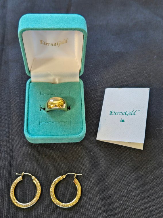 14 kt. YG Dome Ring, Pair 10 kt Y/G Textured Hoop Earrings-Gar