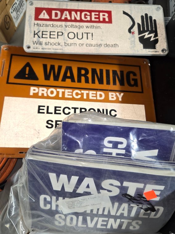 Box of Signs & Stickers-Well Rm