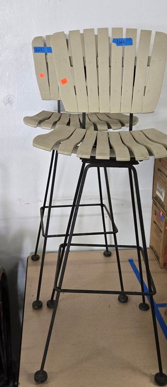(2) MCM Wood Slat Stools w/Wrought Iron Frames-Gar