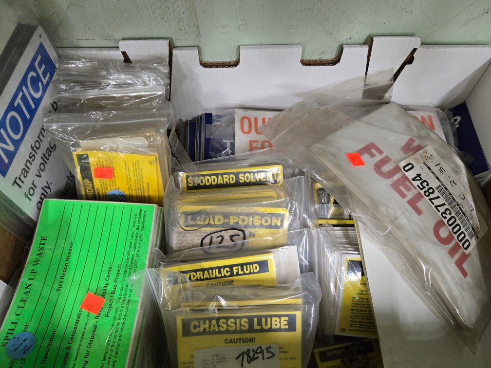 Box of Industrial Adhesive Labels/Signage-Tbl Outside Tool Rm